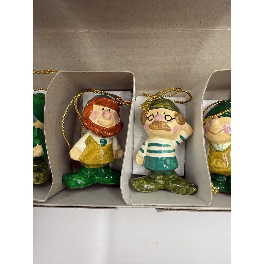 Vintage 1979 Santa's Elves Set Of 6 ;  2" Ceramic Hanging Ornaments in box.